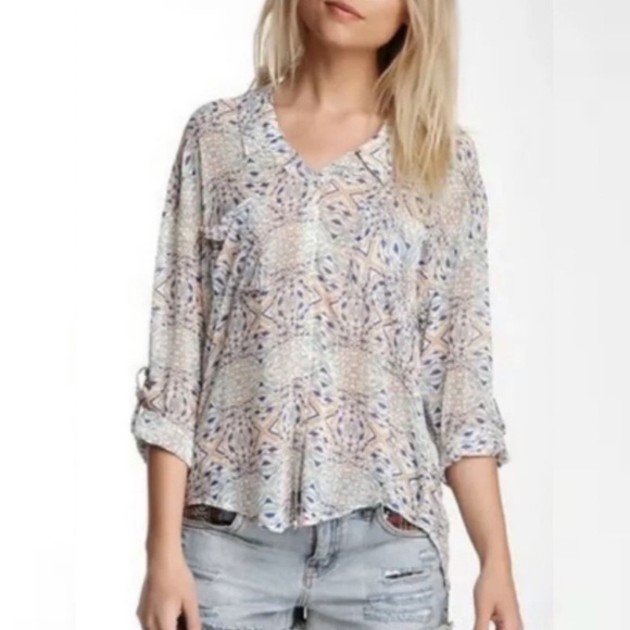 Free People Easy Rider Geometric Chiffon Button Front Blouse Women's Sz S - Picture 2 of 11